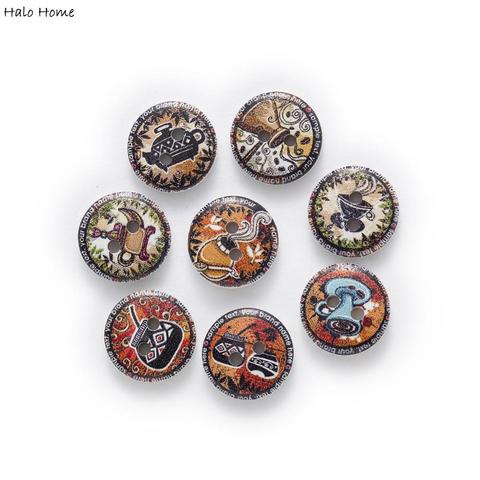 50pcs Indian color Retro Printing Round Wood buttons Sewing Scrapbook Clothing Gifts Crafts Handwork Accessories 15mm ► Photo 1/2