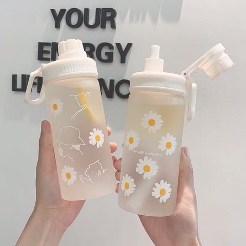 Small Daisy Transparent Plastic Water Bottles 500ml With straw Creative Frosted Water Bottle With Portable Rope Travel Tea Cup ► Photo 1/6