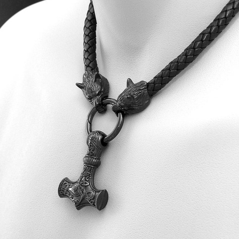 Black Viking Odin Thunder Hammer and Roaring Wolf Head Mjolnir Thor's Hammer Amulet Necklace Viking Jewelry ► Photo 1/5