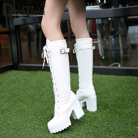 DORATASIA New Big Size 34-43 Ladies shoelace Belt Buckle Platform mid-calf Boots Women 2022 High Chunky Heels Date Shoes Woman ► Photo 1/6