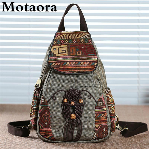 Motaora Handmade Backpack Women's Vintage Canvas Backpacks National Style Geometrical Printed Bag Female Simple Travel Backpack ► Photo 1/6