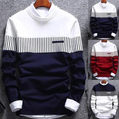 Fashion Men Color Block Patchwork O Neck Long Sleeve Knitted Sweater Top Blouse Men 2022 Winter Clothes Thick Warm Sweaters men ► Photo 1/6