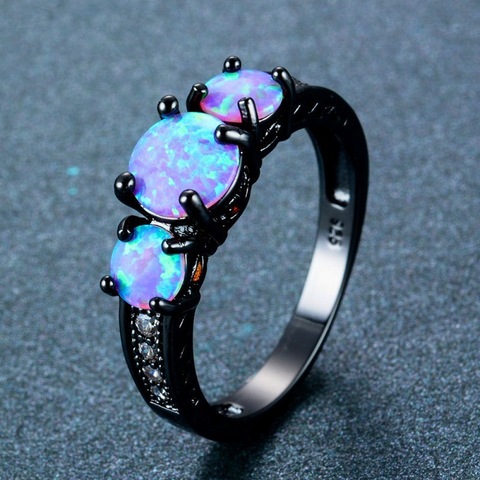 Hollow Design Oval Rainbow Fire Blue Opal Ring Jewelry For Women Black Titanium Wedding Engagement Rings ► Photo 1/6