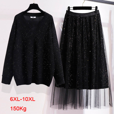 Plus size women's autumn winter new style V-neck knitted sweater mesh skirt bust 156cm 6XL 7XL 8XL 9XL 10XL fashion casual suit ► Photo 1/6