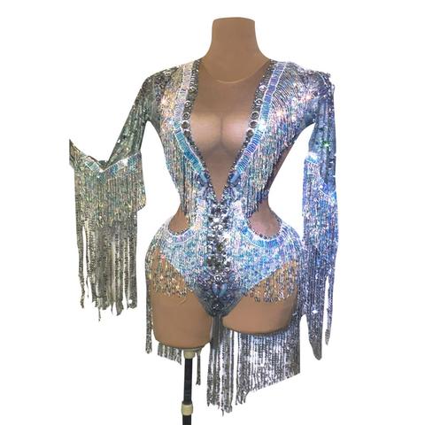 Sparkling Silver Rhinestone Sequin Tassel Party Bodysuit Women Stretch Dance Fringes Jumpsuit Club Bar Singer Leotard Stage Wear ► Photo 1/6