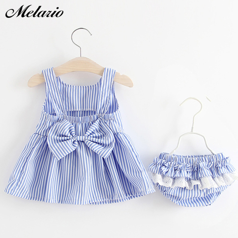 Melario Baby Clothing Sets 2022 Summer Sleeveless Dress Girls Three Piece Sets Short Pants+Dress Set Stripe Patten For Baby 6-24 ► Photo 1/6