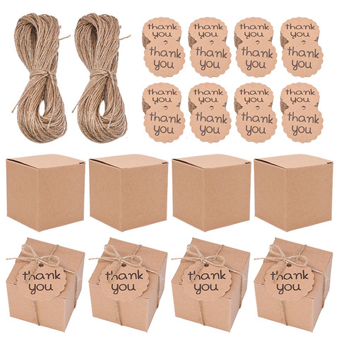 10/20/50pcs Paper Pillow Candy Box Kraft Paper Square Candy Box With Thank You Tag For Baby Shower Birthday Wedding Party Decor ► Photo 1/6