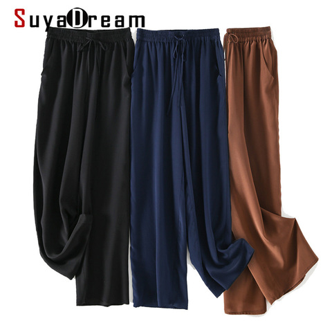 SUYADREAM Silk Solid Long Pants Women 100%Real Silk Crepe Elastic Waist Wide Leg Pants 2022 Autumn Elegant Trousers ► Photo 1/5