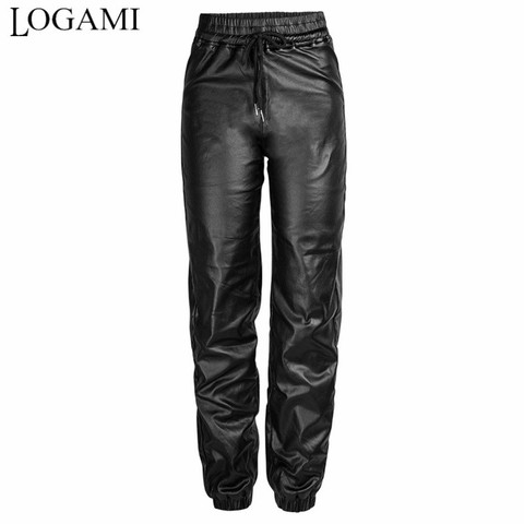 LOGAMI Faux Leather Pants Women Plus Size Elastic Tie Waist Trousers Autumn Winter Thick Pu Pants Black ► Photo 1/6