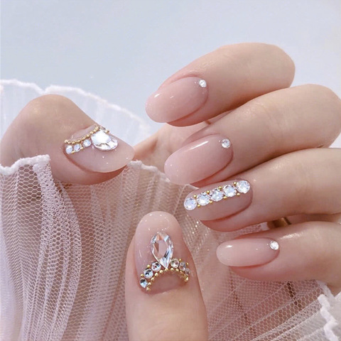 24 Pcs Long Press on Nails Pink Square French Fake Nails Full Cover Bling  False Rhinestone Nails Design for Women and Girls