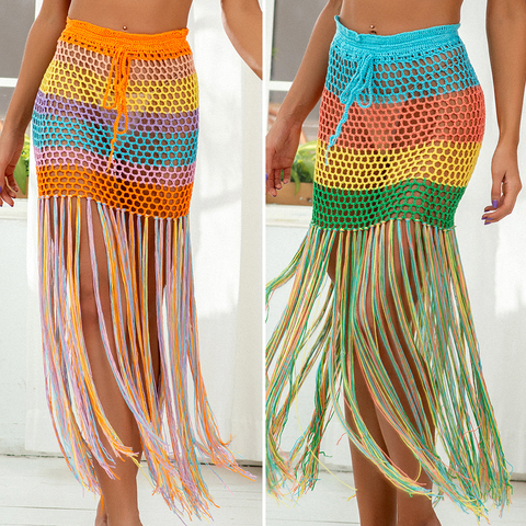 Women's Beach Cover-up Fashion Tunic bandage Bathing Suits Crocheted Rainbow Print Hollow Out Fringe bikini Skirt Dress ► Photo 1/6