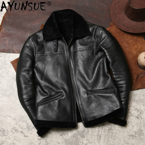 AYUNSUE Genuine Leather Jacket Men Real Fur Coat Winter Flight Shearling Jacket Sheepskin Coat Wool Lining Leather Jackets J4976 ► Photo 1/6