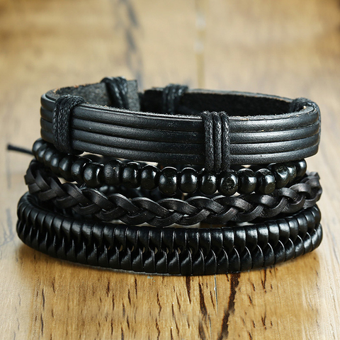 Vnox 4pcs/ Set Black Bracelets for Men Bangle Adjustable Length Bohemia Holiday Male Jewelry Punk Pulseira ► Photo 1/6