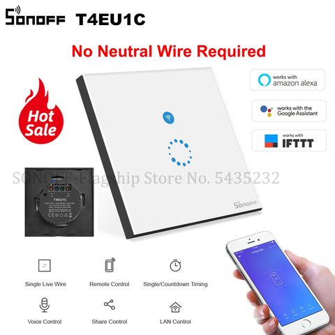 Itead SONOFF T4EU1C No Neutral Wire Required Switch Wifi Smart Wall Touch Light Switch Single Fire Wire Switch e-Welink Control ► Photo 1/6