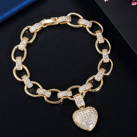 CWWZircons Love Heart Charm CZ Cubic Zirconia Yellow Gold Bohemian Link Chain Bracelets for Women Femme Fashion Jewelry CB200 ► Photo 1/6