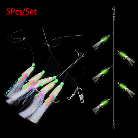 5Pcs/Set Luminous Fishing Hook High Carbon Steel Mackerel Feathers Bass Cod Lure Luminous Fishing Hook Treble Bait Wire 9g ► Photo 1/6