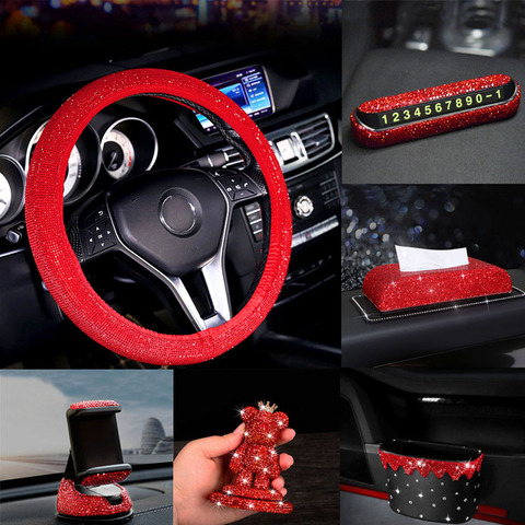 Car Interior Accessorie For Women Leather Diamond Steering Wheel Cover Crystal Auto Mount Holder Tissue Box Universal Decoration ► Photo 1/6