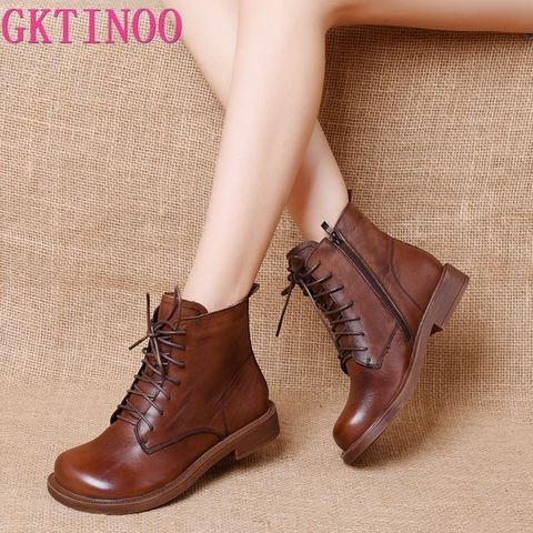 GKTINOO women shoes 2022 spring genuine leather Female short boots women booties British Lace-Up retro women Motorcycle Boots ► Photo 1/6