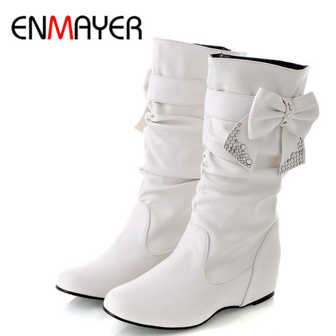 ENMAYER New Women Spring and Autumn Bowtie Charms Flats Boots Shoes Woman Mid-calf 4 Colors White Shoes Boots Large Size 34-47 ► Photo 1/6