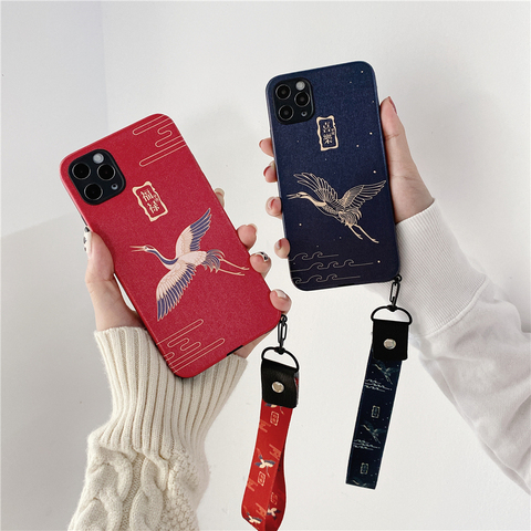 Retro Chinese Style Lucky Crane Relief Lanyard Phone Case for iPhone 11 12 Pro XS Max XR X 7 8 Plus Totem Matte Soft Back Cover ► Photo 1/6