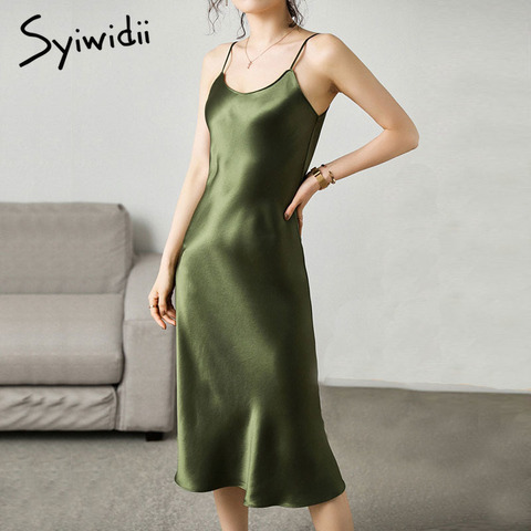 Syiwidii Woman Dress Satin Sleeveless Spaghetti Strap Straight Solid Luxury Shiny Sundress Sexy Imitation Silk Dress Green 2022 ► Photo 1/6