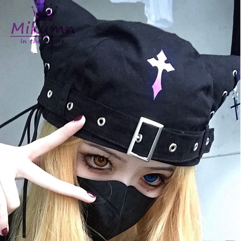 Harajuku Punk Gothic Cat Ear Cross Black Beret Hat Women Casual Rock Lace-Up Bucket Hat Chic Streetwear Hip Hop Caps ► Photo 1/6