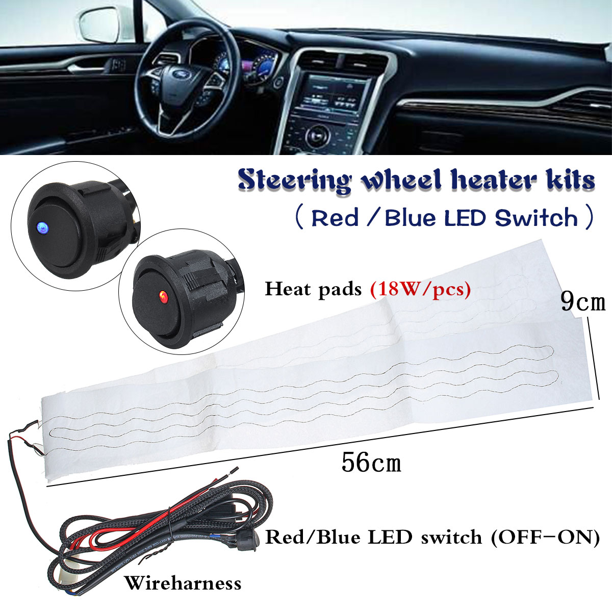 Universal Car Front Flocking Cloth Steering Wheel Heater Kits Car Heat Pads  Car Heater Blue/Red Light Switch 56cm x 9cm - Price history & Review