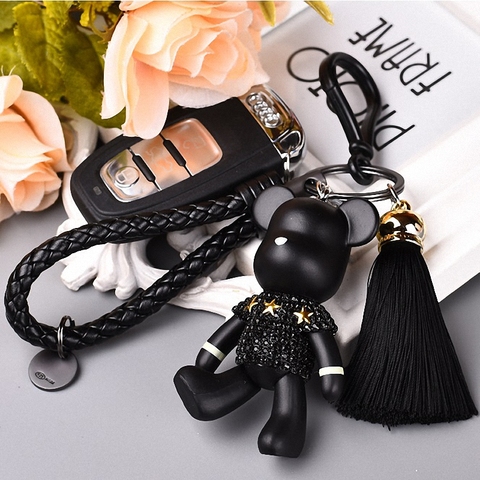Fashion Pearl Chain Crystal Bow Pompom Keychain Car Women handbag Key Chain  Ring Fluffy Puff Ball Keychains Jewelry