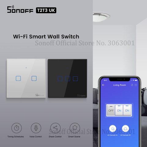 SONOFF T2 UK T3 Black Wifi Smart Switch 1 2 3 Gang Smart Wall Switch Glass Panel Wifi Touch Switches Work With Alexa Google Home ► Photo 1/6