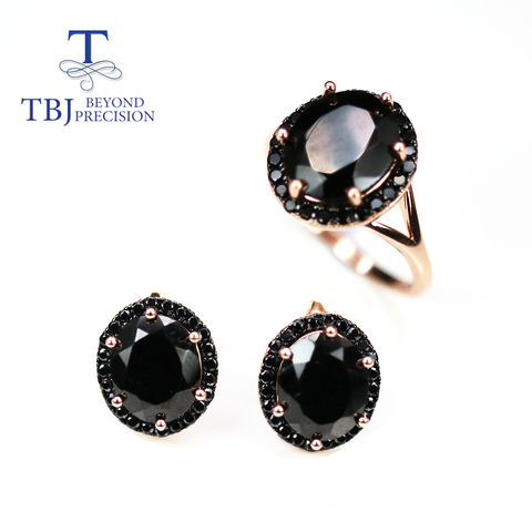 Natural Black Spinel Jewelry Set oval cut 10*12mm 18.6ct real black gemstone clasp earring ring 925 sterling silver for women ► Photo 1/6