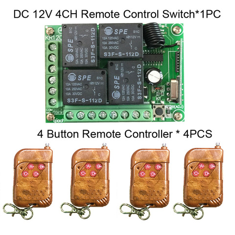 433MHz Universal Wireless Remote Control Switch DC 12V 4CH Relay Receiver Module RF 4 Button Light Gate Garage Remote Control ► Photo 1/6