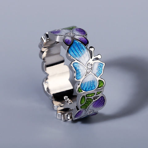Exquisite 925 Silver Ladies Ring Handmade Enamel Blue Dripping Oil Butterfly Flower Ring Jewelry Luxury Party Jewelry Ladies ► Photo 1/5