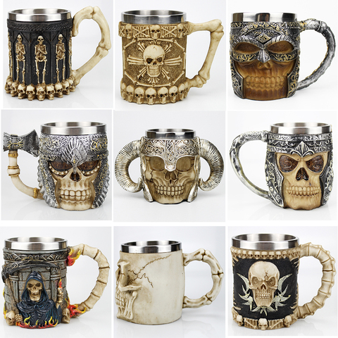 Stainless Steel Skull Mug Viking Death Grim Reaper With Fire Dragon Handle Goat Horn Gothic Design Coffee Beer Mugs As Halloween ► Photo 1/6