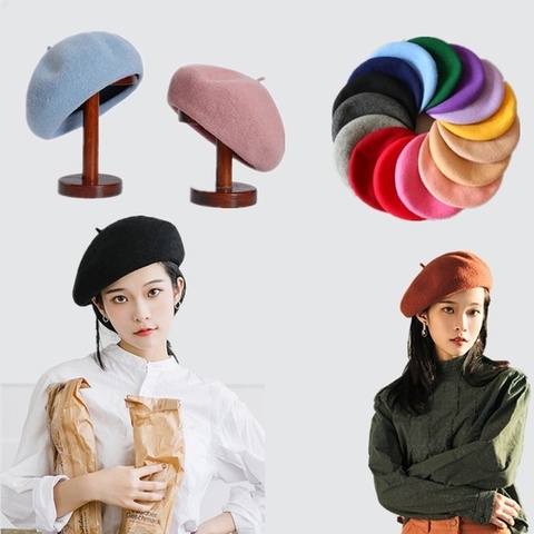 Vintage Plain Beret Cap Beanie Hat French Style Women Girls Wool Warm Winter Hat Femme Hats Caps Street Fashion ► Photo 1/6