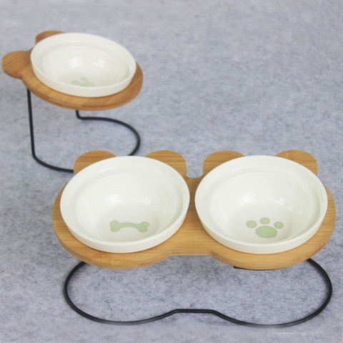 New High-end Pet Bowl Bamboo Shelf Ceramic Feeding and Drinking Bowls for Dogs and Cats Pet Feeder Accessories ► Photo 1/6