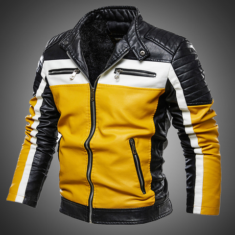 Men Yellow Leather Jacket Patchwork Biker Jacket Men Casual Zipper Coat Men Motorcycle Jacket Slim Fit Fur Lined Outwear Coat ► Photo 1/6