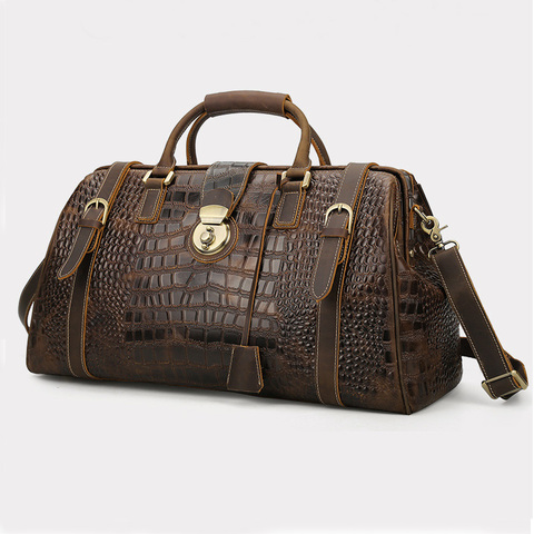 Vintage Crazy Horse Genuine Leather Mens Travel Bag Big Capacity Crocodile Travel Duffle Bags carry on luggage bag overnight ► Photo 1/6
