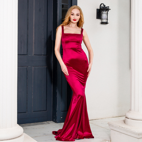 Square collar satin maxi dress long  train mermaid sleeveless evening party dress burgundy black floor length dress gown ► Photo 1/6