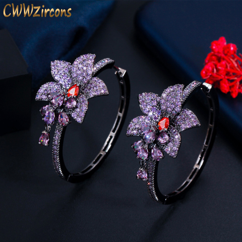 CWWZircons Chic Black Gold Color Purple Cubic Zirconia Crystal Round Big Dangle Drop Flower Charms Hoop Earrings for Women CZ820 ► Photo 1/6