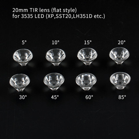 5/10/15/20/30/45/60/85degree 20MM TIR lens ,flat style, for 3535 LED (xp,sst20,LH351D,etc) ► Photo 1/6