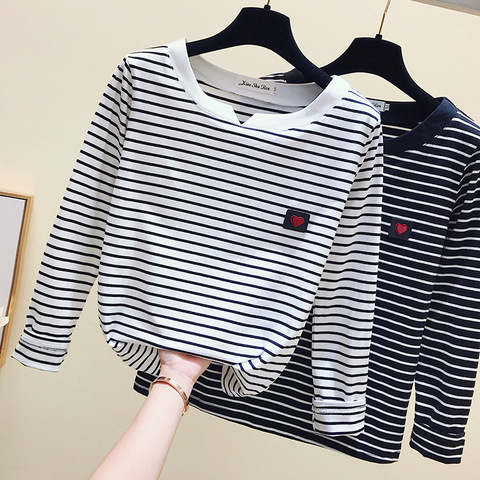 2022 Women Striped T Shirts Long Sleeve 95% Cotton Tops Casual Women Autumn T Shirts Tops Women TopsPull Femme ► Photo 1/6