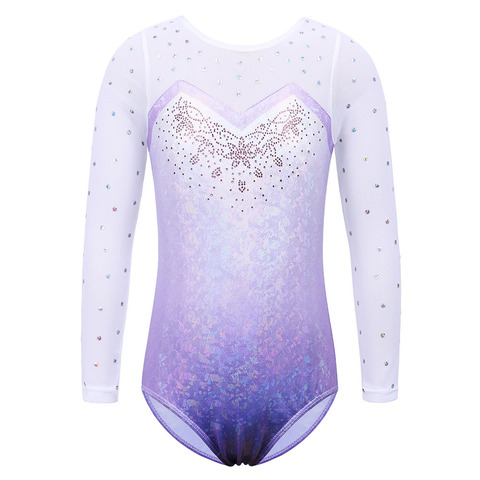 BAOHULU Long Sleeve Mesh Patchwork Leotards for Girls Toddler Kids Diamond Gymnastics Jumpsuit Bodysuit Teens Gymnastics Clothes ► Photo 1/6