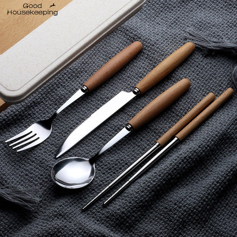 2/3/4Pcs/Set Portable Wooden Handle Dinnerware Set Stainless Steel Plated Silver Knife Fork Tableware Cutlery with Plastic Box W ► Photo 1/6