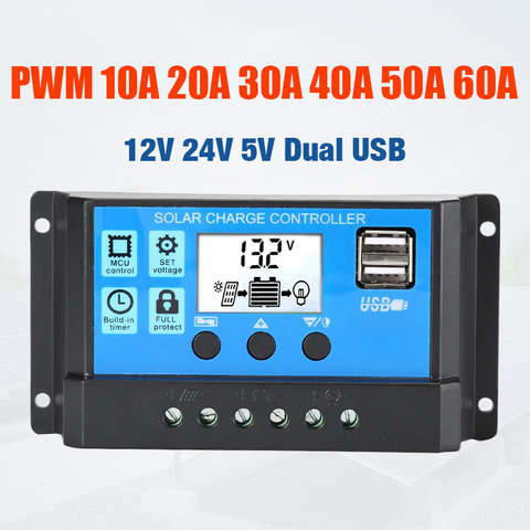 10A 20A 30A 40A 50A 60A Solar Charge Controller 12V 24V Auto PWM 5V Output Regulator PV Home Battery Charger LCD Dual USB ► Photo 1/6