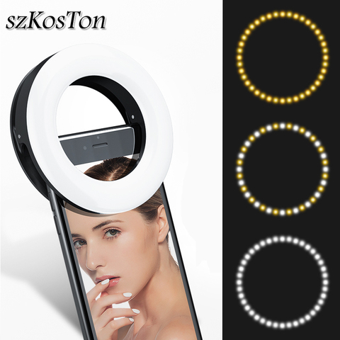 Rechargeable Clip-on LED Selfie Ring Light Flash For Smartphone 3 Mode Dimmable Fill Lamp For Youtube Tiktok Makeup Video Photo ► Photo 1/6
