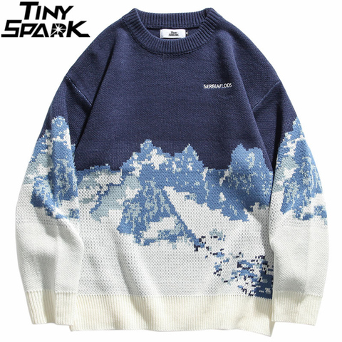 2022 Men Hip Hop Streetwear Knitted Sweater Embroidery Retro Vintage Snow Sweater Cotton Harajuku Casual Pullover Sweater Black ► Photo 1/6
