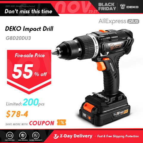 DEKO GBD20DU3 20-Volt Max Brushless Electric Impact Drill Cordless Screwdriver 2 Ah Lithium-Ion Battery 13mm 2-Speed 58Nm Torque ► Photo 1/6