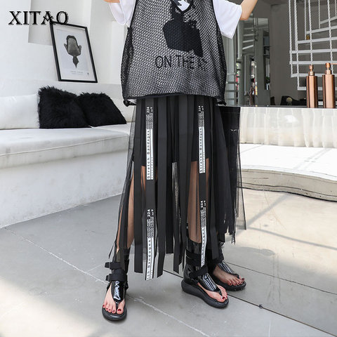 XITAO Mesh Hollow Out Print Letter Long Skirt Women Tape Elastic Waist Black Casual A-line Summer 2022 New Korea WLD1084 ► Photo 1/6