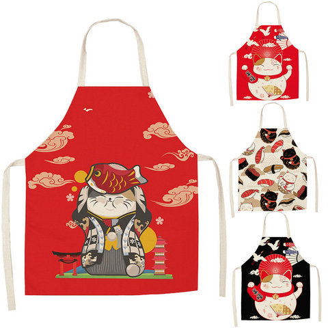 Lucky Cat Apron Kitchen Aprons for Women Cotton Linen Bibs Household Cleaning Pinafore Home Cooking Apron ► Photo 1/6