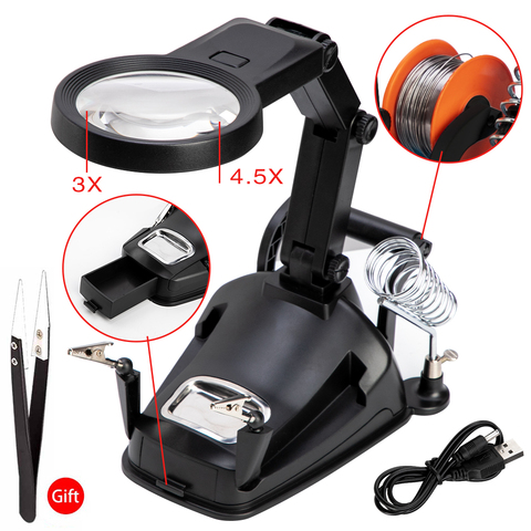 3x/4.5x Standing Magnifier Ceramic Tweezers Gift Adjustable Soldering Iron Stand With USB LED Crocodile Clip For Repair Tool ► Photo 1/6